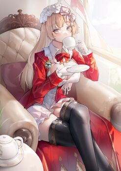1girl absurdres black_thighhighs blonde_hair bow bowtie breasts chair character_name character_request check_character cleavage crossed_legs drinking glint gloves hair_bow hat highres howe_(warship_girls_r) indoors large_breasts long_hair lubikaya medal mob_cap red_bow red_bowtie red_shirt shirt sitting solo steelblue_mirage teapot thighhighs thighs warship_girls_r white_bow white_gloves window zettai_ryouiki