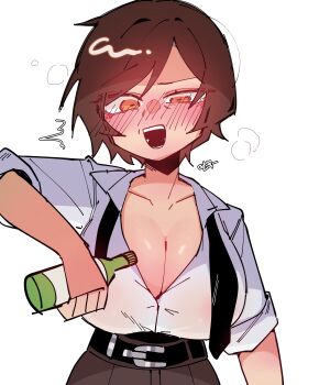 1girl absurdres belt black_belt black_necktie blush bottle breasts brown_hair cleavage collarbone collared_shirt commentary_request dark-skinned_female dark_skin drunk highres holding holding_bottle kim_tsuno korean_commentary large_breasts limbus_company necktie open_mouth outis_(project_moon) project_moon shirt simple_background white_shirt yellow_eyes