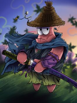 Rule 34 | 1boy, absurdres, blurry, blurry background, cape, colored skin, food, fruit, hat, highres, holding, holding sword, holding weapon, katana, male focus, nickelodeon, patrick star, pineapple, pink skin, rice hat, samurai, scar, scar on face, spongebob squarepants (series), starfish, sword, toon (style), weapon, xchris214x