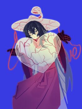 1boy apron black_eyes black_hair black_skin closed_mouth colored_skin commentary cowboy_shot crossed_bangs expressionless fillter gat_(hat) great_trichiliocosm_(e.g.o) hanbok hands_up hat highres korean_clothes limbus_company long_sleeves project_moon red_apron sidelocks solo string string_of_fate symbol-only_commentary white_hanbok white_hat wide_sleeves yi_sang_(project_moon)