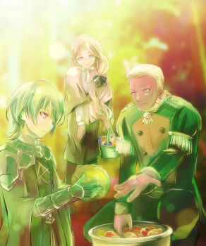 1girl 2boys armor basket blonde_hair blue_eyes blue_hair bow cape dark-skinned_male dark_skin dedue_molinaro fire_emblem fire_emblem:_three_houses flower food garreg_mach_monastery_uniform greaves highres lettuce male_byleth_(fire_emblem) mercedes_von_martritz multiple_boys nintendo onion outstretched_hand pot ribbon ric_(aceradio) side_ponytail sitting skirt tomato white_hair