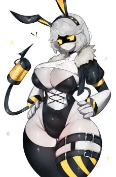 1girl animal_ears asymmetrical_legwear bare_hips belt black_jacket black_thighhighs blush breasts cleavage colored_skin corset fake_animal_ears fur-trimmed_jacket fur_trim glitch_productions grey_hair grey_skin hands_on_own_hips highres huge_breasts jacket joints looking_at_viewer mechanical_arms medium_hair metal_skin murder_drones open_clothes open_jacket playboy_bunny rabbit_ears robot robot_joints striped_clothes striped_thighhighs tail thick_thighs thigh_belt thigh_strap thighhighs thighs togetoge v_(murder_drones) wide_hips yellow_eyes yellow_thighhighs