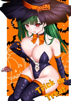 1girl :o absurdres adjusting_clothes adjusting_leotard bare_shoulders bat_background belka_(girls&#039;_frontline_2) black_gloves black_hat black_leotard blush boots bow bowtie breasts cleavage cross-laced_clothes cross-laced_leotard elbow_gloves from_above g28_(girls&#039;_frontline) girls&#039;_frontline girls&#039;_frontline_2:_exilium gloves gosofia2 green_hair groin halloween halloween_costume hand_on_own_chest hand_up hat highleg highleg_leotard highres hip_focus knees_together_feet_apart large_breasts leather leather_gloves leotard long_hair looking_at_viewer looking_up navel no_bra orange_bow orange_bowtie pumpkin_background pumpkin_hat_ornament red_eyes sitting solo strapless strapless_leotard thigh_boots trick_or_treat witch witch_hat