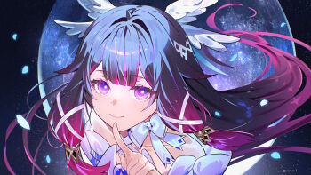 1girl azna bare_shoulders black_hair blunt_bangs bow choker closed_mouth columbina_(genshin_impact) commentary_request dress feathered_wings full_moon genshin_impact gradient_hair hair_ribbon head_wings highres long_hair long_sidelocks looking_at_viewer moon multicolored_hair multiple_wings pointing purple_eyes ribbon sidelocks smile solo very_long_hair white_bow white_choker white_dress white_ribbon wings