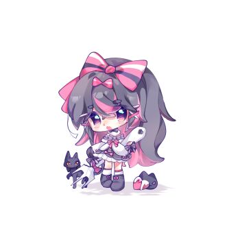 1girl animal black_boots black_cat black_hair black_skirt boots bow cat chibi chibi_only fang footwear_bow fork frilled_skirt frills full_body hair_between_eyes hair_bow hair_ornament highres long_hair long_sleeves looking_at_viewer multicolored_hair off-shoulder_shirt off_shoulder open_mouth original oversized_object pink_bow pink_eyes pink_hair purple_bow shirt simple_background skin_fang skirt socks solo standing streaked_hair striped_bow thick_eyebrows two-tone_hair white_background white_shirt white_socks x_hair_ornament yizhi_ciyuan_le_m