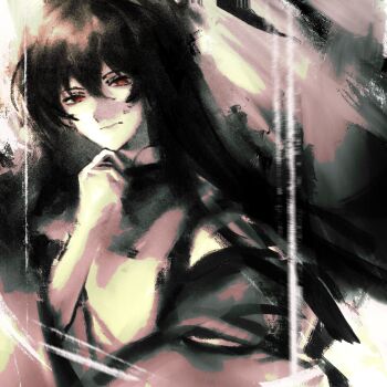 Rule 34 | 1girl, alternate hair color, black hair, blurry, closed mouth, commentary request, double-parted bangs, finger to own chin, hair between eyes, half-closed eyes, highres, light frown, lips, long hair, looking at viewer, matara okina, monitor51, okina's natural hair color, painterly, red eyes, solo, touhou