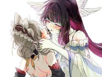 2girls after_kiss bare_shoulders blush columbina_(genshin_impact) commentary_request dress feathered_wings genshin_impact grey_hair hair_bun hand_in_another&#039;s_hair highres long_hair multiple_girls open_mouth purple_eyes purple_hair saliva saliva_trail sandrone_(genshin_impact) simple_background tongue tongue_out torten white_background white_dress wings yuri