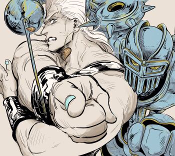 1boy angry armor blue_nails broken_heart clenched_teeth colored_sclera earrings fingernails flattop full_armor heart heart_earrings highres inkmorechatta jean_pierre_polnareff jewelry jojo_no_kimyou_na_bouken limited_palette male_focus muscular muscular_male nail_polish pointing pointing_at_viewer profile rapier shoulder_spikes silver_chariot spikes stand_(jojo) stardust_crusaders sword tall_hair teeth v-shaped_eyebrows veins veiny_face veiny_neck weapon white_hair yellow_eyes yellow_sclera