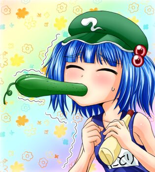 Rule 34 | 1girl, blue hair, blue one-piece swimsuit, blush, bottle, closed eyes, commentary request, cucumber, floral background, food, green hat, hair bobbles, hair ornament, hat, holding, holding bottle, kawashiro nitori, mayonnaise bottle, newsboy cap, one-piece swimsuit, pocky, pocky kiss, rainbow background, shared food, shiba meiji, short hair, solo, swimsuit, touhou, trembling, two side up, upper body