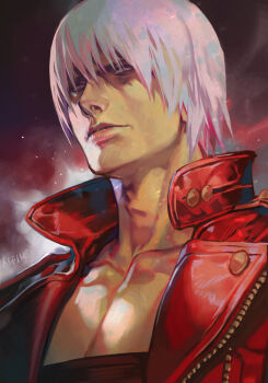 1boy closed_mouth dante_(devil_may_cry) devil_may_cry devil_may_cry_(series) devil_may_cry_3 grey_eyes hungry_clicker jacket light_frown looking_at_viewer male_focus no_shirt popped_collar portrait red_background red_jacket redrawn short_hair solo white_hair