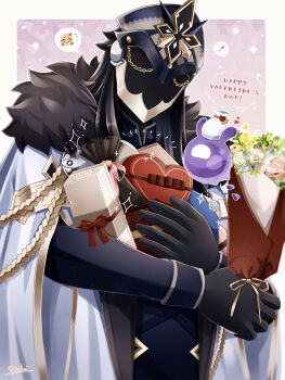 ! 1boy absurdres armor bag black_fur black_gloves black_helmet border bouquet box cape capitano_(genshin_impact) commentary_request english_text flower fur-trimmed_cape fur_trim genshin_impact gloves happy_valentine heart-shaped_box helmet highres holding image_in_speech_bubble long_sleeves male_focus outside_border red_ribbon ribbon sleeve_cuffs solo speech_bubble spoken_exclamation_mark uouzzz upper_body valentine white_border white_cape