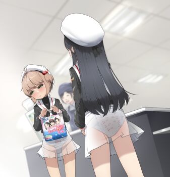 absurdres ameharu black_hair blush brown_hair cardcaptor_sakura clerk daidouji_tomoyo diaper diaper_package diaper_under_clothes embarrassed hair_bobbles hair_ornament hat highres kinomoto_sakura loli long_hair print_diaper pull-up_diaper school_uniform short_hair supermarket transparent_skirt white_diaper