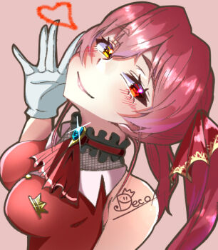 1girl artist_name ascot black_choker blush breasts brooch choker cropped_jacket deco2669 eyebrows_hidden_by_hair frilled_choker frills gloves gold_buttons gold_trim hair_ribbon heart heterochromia hololive houshou_marine houshou_marine_(1st_costume) jacket jewelry lapel_pin large_breasts long_hair looking_at_viewer pink_background red_ascot red_eyes red_hair red_jacket red_ribbon ribbon simple_background sleeveless sleeveless_jacket twintails upper_body virtual_youtuber white_gloves yellow_eyes