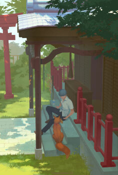 1boy architecture black_pants bottle box brown_shoes commentary dappled_sunlight day donation_box east_asian_architecture ema fox full_body grass grey_hair highres kitsune_(persona_4) looking_at_animal male_focus narukami_yu outdoors pants persona persona_4 s_saremi shirt shoes short_sleeves shrine sitting sitting_on_stairs stairs sunlight torii water_bottle white_shirt