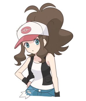 1girl bare_shoulders black_vest blue_eyes blue_shorts botamochi126 brown_hair hand_on_own_hip hat high_ponytail highres hilda_(pokemon) long_hair nintendo pokemon pokemon_bw ponytail shirt shorts sleeveless sleeveless_shirt solo twitter_username vest white_background white_hat white_shirt wristband