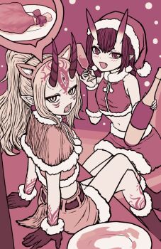 2girls alcohol boots champagne champagne_flute christmas crop_top crossed_legs cup drinking_glass fang fate/grand_order fate_(series) flat_chest food gloves hat highres horns ibaraki_douji_(fate) long_hair looking_at_viewer meat multiple_girls navel oni open_mouth ponytail santa_hat short_hair shuten_douji_(fate) sitting skin-covered_horns skirt smile ttmt