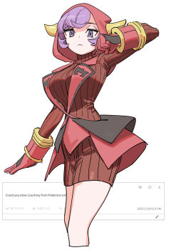 1girl absurdres breasts closed_mouth courtney_(pokemon) dress fake_horns gloves haruyuki_(gffewuoutgblubh) highres hood hood_up hooded_vest hoodie horned_headwear horned_hood horns large_breasts long_sleeves looking_at_viewer nintendo pokemon pokemon_oras purple_eyes purple_hair red_hood red_sweater ribbed_dress ribbed_sweater short_hair simple_background solo sweater sweater_dress team_magma team_magma_uniform vest white_background