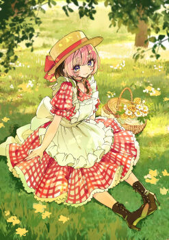 1girl akiyama_enma apron bare_legs basket blue_eyes boots closed_mouth dappled_sunlight from_above grass hat highres leaf looking_at_viewer maid_apron neck_ribbon noa-senpai_wa_tomodachi. pink_hair ribbon saotome_noa short_hair sitting smile solo sun_hat sunlight tree