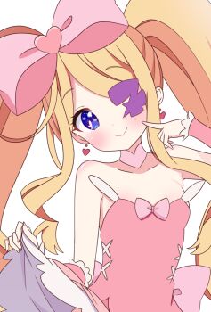 1girl back_bow blonde_hair blue_eyes blush bow breasts clothes_lift colored_eyepatch commentary_request detached_collar earrings eyepatch hair_bow harime_nui heart heart_earrings hiiragisensei jewelry kill_la_kill lolita_fashion long_hair pink_bow pointing pointing_at_self skirt skirt_lift smile white_background