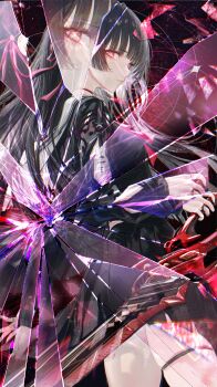 1girl absurdres arm_cutout black_choker black_hair black_shirt black_skirt breasts bright_pupils broken_glass chisa_(wuthering_waves) choker clothing_cutout commentary cowboy_shot english_commentary from_side glass hair_ribbon highres holding holding_sword holding_weapon long_hair long_sleeves looking_at_viewer medium_breasts mole mole_under_eye neckerchief parted_lips red_eyes red_neckerchief red_ribbon renoahh revision ribbon sailor_collar school_uniform serafuku shirt skirt solo sword tacet_mark_(wuthering_waves) weapon white_pupils white_sailor_collar wuthering_waves