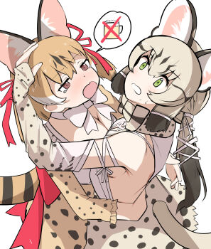 Rule 34 | 2girls, alcohol, animal ears, beer, bow, bowtie, breasts, brown eyes, brown hair, cat ears, cat girl, cat tail, cleavage, commentary request, extra ears, geoffroy's cat (kemono friends), green eyes, grey hair, highres, kemono friends, kemono friends v project, large-spotted genet (kemono friends), large breasts, llb, multiple girls, ribbon, shirt, simple background, skirt, tail, twintails, virtual youtuber