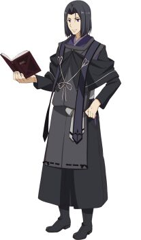 Rule 34 | 1boy, anime coloring, black boots, black hair, black pants, book, boots, clenched hands, closed mouth, curtained hair, full body, genjitsu shugi yuusha no oukoku saikenki, hakama, hakama pants, hakuya kuonmin, hifu, highres, holding, holding book, japanese clothes, kimono, layered sleeves, long sleeves, official art, ootsuka mai, pants, purple eyes, purple kimono, short over long sleeves, short sleeves, simple background, sleeveless, sleeveless kimono, smile, solo, standing, stole, tachi-e, transparent background, tsurime