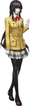 Rule 34 | 1girl, artist request, black hair, black pantyhose, brown eyes, brown shoes, full body, highres, kokatsu academy school uniform, official art, pantyhose, persona, persona 5, persona 5: the phantom x, red ribbon, ribbon, school uniform, shoes, skirt, solo, striped clothes, striped skirt, tanemura riko, third-party source, transparent background
