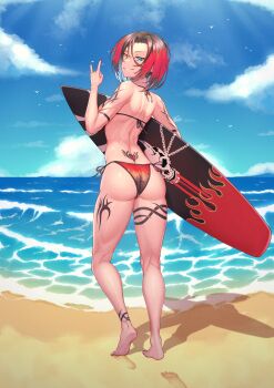 1girl \n/ absurdres ass extrakrispykari feet highres ocean sand short_hair smile tagme tattoo