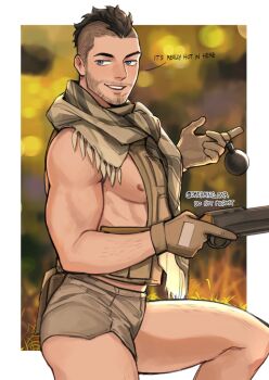1boy bara black_hair blue_eyes brown_gloves brown_scarf brown_shorts bulletproof_vest call_of_duty call_of_duty:_modern_warfare_2 dreaming_oor english_text explosive facial_hair gloves grenade gun highres holding holding_gun holding_weapon large_pectorals male_focus muscular muscular_male nipples pectorals scarf short_hair shorts smile soap_(modern_warfare_2) solo twitter_username weapon