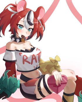 1girl absurdres animal_ear_fluff animal_ears asymmetrical_sleeves black_hair black_streaks blue_eyes blush bow box box_of_chocolates breasts candy cheese chocolate chocolate_heart choker cleavage commentary crossed_legs detached_sleeves dice dice_hair_ornament double-parted_bangs food gloves hair_between_eyes hair_ornament hakos_baelz hakos_baelz_(1st_costume) heart heart-shaped_box heart-shaped_food highres holding holding_chocolate holding_food hololive hololive_english key looking_at_viewer medium_breasts midriff mouse_ears mouse_tail mouth_hold multicolored_hair multicolored_skirt navel pyrokuro red_hair single_glove sitting skirt spiked_choker spikes tail tail_bow tail_ornament thigh_strap thighs twintails uneven_twintails virtual_youtuber white_hair
