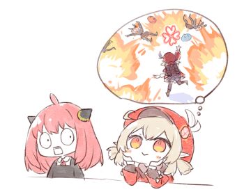 2girls :> anya_(spy_x_family) blonde_hair chibi commentary_request crossover eden_academy_school_uniform explosion genshin_impact hat head_rest himeko_(nico6v6pachi) imagining klee_(genshin_impact) mind_reading multiple_girls open_mouth orange_eyes pink_hair pointy_ears red_hat school_uniform short_twintails smile speech_bubble spy_x_family surprised thought_bubble twintails