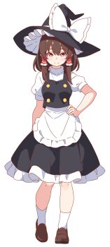 1girl absurdres alternate_costume apron black_hat black_skirt black_vest blush bow brown_hair brown_shoes closed_mouth commentary_request cosplay frilled_hair_tubes frilled_skirt frills full_body hair_tubes hakurei_reimu hand_on_own_hip hat hat_bow highres kirisame_marisa kirisame_marisa_(cosplay) korra_down large_variant_set loafers long_hair looking_at_viewer puffy_short_sleeves puffy_sleeves red_eyes shoes short_sleeves skirt smile socks solo tachi-e touhou transparent_background variant_set vest waist_apron white_apron white_bow white_socks witch_hat