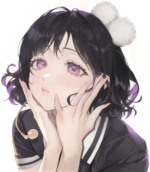 1girl absurdres aegyo_sal black_hair black_shirt closed_mouth commentary deodeo325752 eyelashes fingernails hands_on_own_cheeks hands_on_own_face hands_up highres leaning_forward long_fingernails looking_at_viewer mole mole_under_eye original pom_pom_(clothes) portrait purple_eyes shirt short_hair short_sleeves simple_background solo untranslatable_commentary upper_body white_background