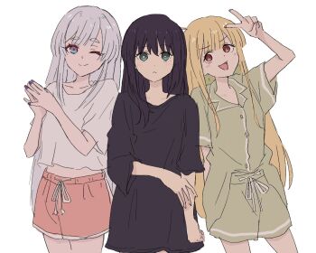Rule 34 | 3girls, ahoge, aqua eyes, black shirt, blonde hair, blue eyes, cho kaguya-hime!, cosplay, costume switch, cowboy shot, frown, gradient eyes, green pajamas, green shirt, green shorts, hand on own arm, hands clasped in delight, ini yoy, kaguya (cho kaguya-hime!), kaguya (cho kaguya-hime!) (cosplay), long hair, long shirt, midriff, multicolored eyes, multiple girls, orange eyes, pajamas, pink eyes, pink shorts, runami yachiyo, sakayori iroha, sakayori iroha (cosplay), shirt, shirt partially tucked in, short sleeves, shorts, simple background, two-tone eyes, v, v over head, very long hair, white background, white hair, white shirt