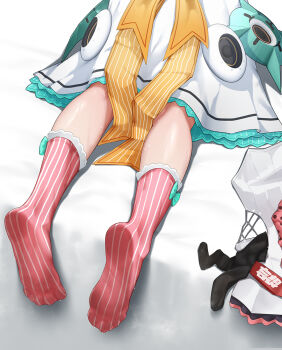1girl angels_of_delusion aria_(zenless_zone_zero) black_socks bow commentary_request dress feet foot_focus frilled_dress frills kneehighs leg_focus lying no_shoes on_bed on_stomach out_of_frame pink_socks socks soles solo spread_toes sweaty_feet toe_seam toes wd_(1106592840) zenless_zone_zero