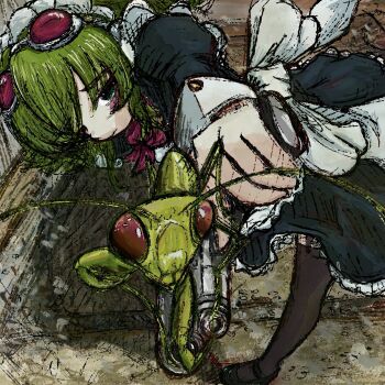 Rule 34 | 1girl, apron, bow, bubbacterial, bug, goggles, goggles on head, green eyes, green hair, gun, handgun, highres, holding, holding gun, holding weapon, loafers, maid, maid apron, maid headdress, original, praying mantis, red bow, red goggles, shoes, solo, thighhighs, tight clothes, weapon