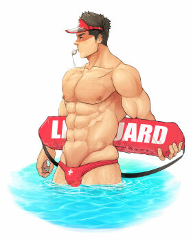 Rule 34 | 1boy, abs, absurdres, bara, bare pectorals, black hair, bulge, collarbone, cowboy shot, highres, holding, large pectorals, lifeguard, looking to the side, male focus, male swimwear, muscular, muscular male, navel, nipples, original, partially submerged, pectorals, red headwear, red male swimwear, red swim briefs, short hair, sideburns, skindentation, solo, stomach, swim briefs, swimsuit, thighs, topless male, water, wet, whistle, whistle around neck, whistling, white background, winemvee