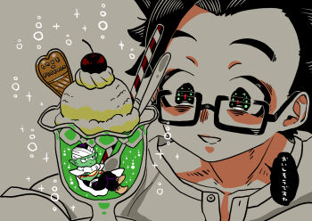 2boys alien black_dougi black_eyes black_pants black_shirt brown_shoes bubble cape cherry chibi chibi_in_drink chibi_inset collarbone colored_skin crossed_arms crossed_legs cup dragon_ball dragon_ball_super dragonball_z drinking_straw food from_side fruit glass glasses green_skin highres ice ice_cream ice_cream_float in_container in_cup in_liquid liquid looking_at_another male_focus melon_soda multiple_boys no_eyebrows no_sclera obata2nd open_mouth pants piccolo pointy_ears rectangular_eyewear red_pupils shirt shoes short_hair smile soda son_gohan sparkle sparkling_eyes spiked_hair spoon translation_request whipped_cream white_cape white_shirt