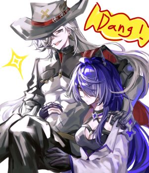 1boy 1girl absurdres acheron_(honkai:_star_rail) ahoge black_choker black_gloves blue_hair boothill_(honkai:_star_rail) breasts carrying carrying_person chinese_commentary choker cleavage closed_mouth couple cowboy_hat duobaoyu82658 english_text fake_claws gloves grey_eyes grey_hair hair_over_one_eye hand_on_another&#039;s_shoulder happy hat head_tilt hetero highres honkai:_star_rail honkai_(series) humanoid_robot japanese_clothes large_breasts long_hair long_sleeves looking_to_the_side multicolored_hair open_mouth pants partially_unzipped purple_eyes robot shaded_face sharp_teeth streaked_hair teeth upper_body wide_sleeves