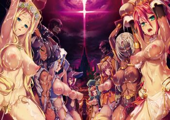 Rule 34 | 6+girls, animal ears, arms up, astrid flamel, blonde hair, blue eyes, breasts, brown hair, crown, cum, cum on body, cum on breasts, cum on upper body, curvy, dark-skinned female, dark elf, dark skin, eleonora bern, elf, female focus, forced, green eyes, highres, huge breasts, iris arcadia, jewelry, kohaku (kuroinu), kuroinu 2, kuroinu ~kedakaki seijo wa hakudaku ni somaru~, large breasts, liquid (company), long hair, looking at viewer, luca (kuroinu), mel mel, mistiora arte, moaning, multiple girls, orange hair, panties, pointy ears, princess, radomira, serafina lenatus, shiny skin, short hair, slave, small breasts, thighs, thong, underwear, white hair, yellow eyes