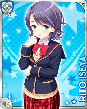 1girl arm_under_breasts blue_background blue_eyes bow bowtie card_(medium) cardigan character_name girlfriend_(kari) iseya_rito jacket looking_at_viewer official_art plaid_clothes plaid_skirt pleated_skirt purple_hair qp:flapper raised_inner_eyebrows red_bow red_bowtie red_skirt school_uniform shirt skirt solo standing white_shirt yellow_cardigan