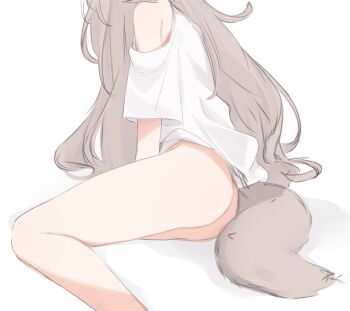 Rule 34 | 1girl, animal ears, ass, bottomless, commentary request, feet out of frame, grey hair, head out of frame, highres, long hair, off shoulder, original, riya (01214), shadow, shirt, short sleeves, simple background, tail, very long hair, white background, white shirt