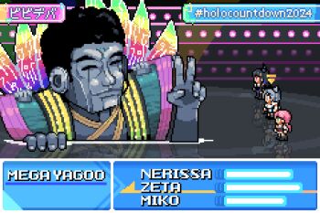 Rule 34 | 1boy, 3girls, black hair, final fantasy, green eyes, grey hair, haopanyo, highres, hololive, hololive english, hololive indonesia, multiple girls, nerissa ravencroft, nerissa ravencroft (1st costume), parody, pink hair, pixel art, red eyes, robot, sakura miko, sakura miko (casual), standing, v, vestia zeta, vestia zeta (1st costume), virtual youtuber, yagoo