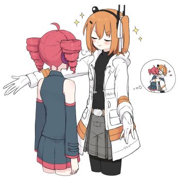 2girls a.i._voice absurdres adachi_rei antenna_hair arms_up black_pantyhose black_shirt black_skirt black_sleeves blush closed_mouth collared_shirt cowboy_shot detached_sleeves drill_hair grey_skirt hair_ornament hair_ribbon headlamp headphones highres hug jacket kasane_teto kasane_teto_(utau) multiple_girls open_clothes open_jacket orange_hair pantyhose red_hair red_trim ribbon shirai_sahuni shirt skirt skirt_set sleeveless sleeveless_shirt smile speech_bubble star_(symbol) thought_bubble twin_drills utau white_jacket white_ribbon