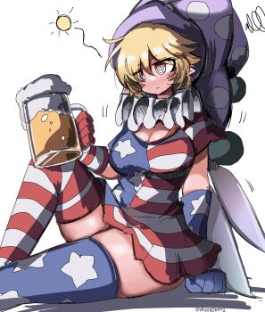 Rule 34 | 1girl, :3, @ @, absurdres, alcohol, american flag, american flag dress, american flag gloves, american flag legwear, american flag print, beer, beer mug, blonde hair, blue wings, blush, breasts, cleavage, closed mouth, clownpiece, collar, commentary request, cup, double-parted bangs, drunk, eye20806972, fairy wings, feet out of frame, flag print, foam, gloves, gradient wings, hair between eyes, hat, highres, holding, holding cup, jester cap, knee up, large breasts, light smile, motion lines, mug, multicolored wings, neck ruff, overflowing, polka dot hat, print gloves, purple hat, purple wings, red eyes, short hair, short sleeves, sidelighting, simple background, sitting, solo, squeans, squiggle, thighhighs, touhou, v-shaped eyebrows, white background, white collar, wings, zettai ryouiki