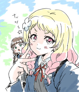 Rule 34 | 2girls, :3, :o, arched bangs, blonde hair, blue jacket, blush, brown hair, collared shirt, commentary request, dress, dress shirt, flower, gradient hair, green eyes, grey dress, hair flower, hair ornament, jacket, looking at viewer, love live!, love live! superstar!!, multicolored hair, multiple girls, neck ribbon, onitsuka natsumi, open clothes, open jacket, open mouth, pinafore dress, pink eyes, pink hair, red ribbon, ribbon, sakurakoji kinako, school uniform, selfie, shirt, sleeveless, sleeveless dress, solo focus, spoken star, star (symbol), unya, v-shaped eyebrows, white flower, white shirt, winter uniform, yuigaoka school uniform