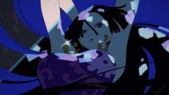 1girl animated animated_gif arms_behind_head arms_up black_hair boa_hancock bouncing_breasts breasts dress huge_breasts jiggle large_breasts long_hair looking_at_viewer official_alternate_costume one_piece one_piece_fan_letter open_mouth purple_dress skull_print sleeveless