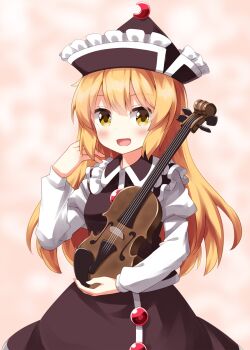 Rule 34 | 1girl, alternate hair length, alternate hairstyle, black hat, black skirt, black vest, blonde hair, blush, collared vest, commentary request, completion time, cowboy shot, crescent, crescent hat ornament, frilled hat, frilled shirt collar, frills, hand up, hat, hat ornament, highres, holding, holding instrument, holding violin, instrument, juliet sleeves, long hair, long sleeves, looking at viewer, lunasa prismriver, pink background, puffy sleeves, ruu (tksymkw), shirt, skirt, solo, touhou, vest, violin, white shirt, yellow eyes