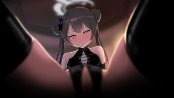 1girl absurdres black_leotard black_thighhighs blue_archive blurry blurry_background blush closed_mouth cunnilingus_pov dominatrix double_bun grey_eyes grey_hair hair_bun highres indoors katsuten kisaki_(blue_archive) latex latex_leotard latex_thighhighs leotard long_hair looking_at_viewer pussy solo spread_legs taker_pov thighhighs vignetting