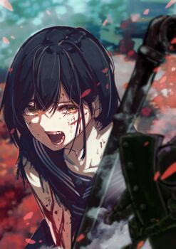 Rule 34 | 1girl, absurdres, azuma sawayoshi, black hair, blood, blood on arm, blood on clothes, blood on face, blue sailor collar, blue serafuku, blue shirt, blue skirt, blurry, blurry background, blurry foreground, brown eyes, collarbone, commentary request, cuts, depth of field, falling petals, fighting stance, flower, hair between eyes, highres, holding, holding lead pipe, injury, lead pipe, looking at viewer, neckerchief, open mouth, outdoors, petals, red flower, red neckerchief, sailor collar, school uniform, serafuku, shimizu hinako, shirt, short hair, silent hill (series), silent hill f, skirt, solo, standing, sweat, teeth, torn clothes, torn sleeves, upper body, weapon